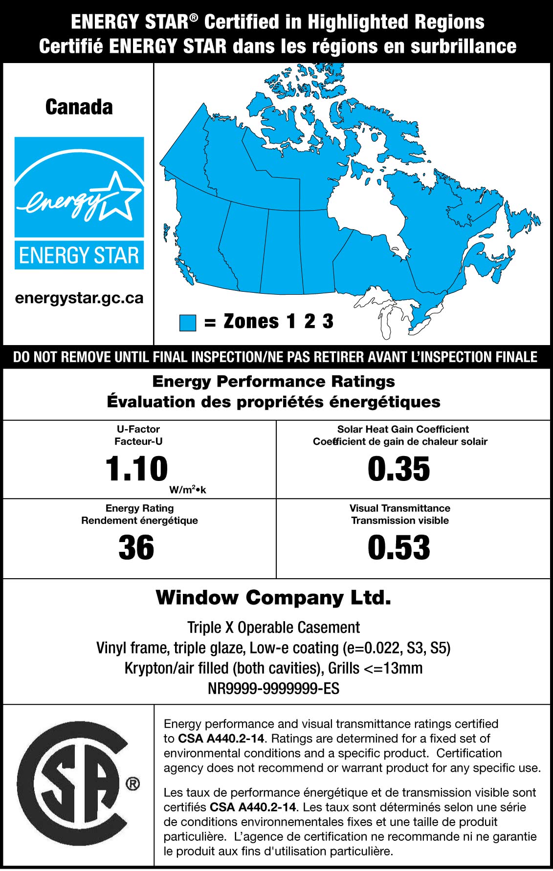 An example label of an ENERGY STAR certification label for a vinyl frame triple glaze low-e coating window, with energy performance ratings such as U-Factor, Solar Heat Gain Coefficient, Energy Rating, and Visual Transmittance.