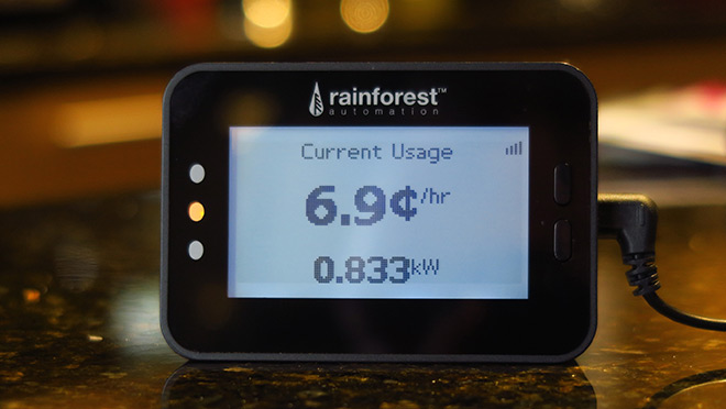 An image of a Rainforest EMU display showing current energy usage.